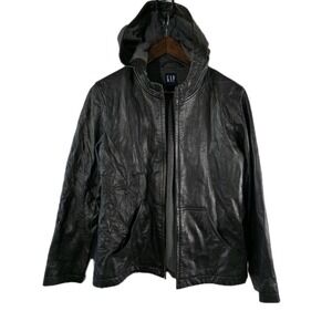GAP Jacket Women Med Black Lamb Nappa Leather Hooded Zip Front Pockets Lined SEE